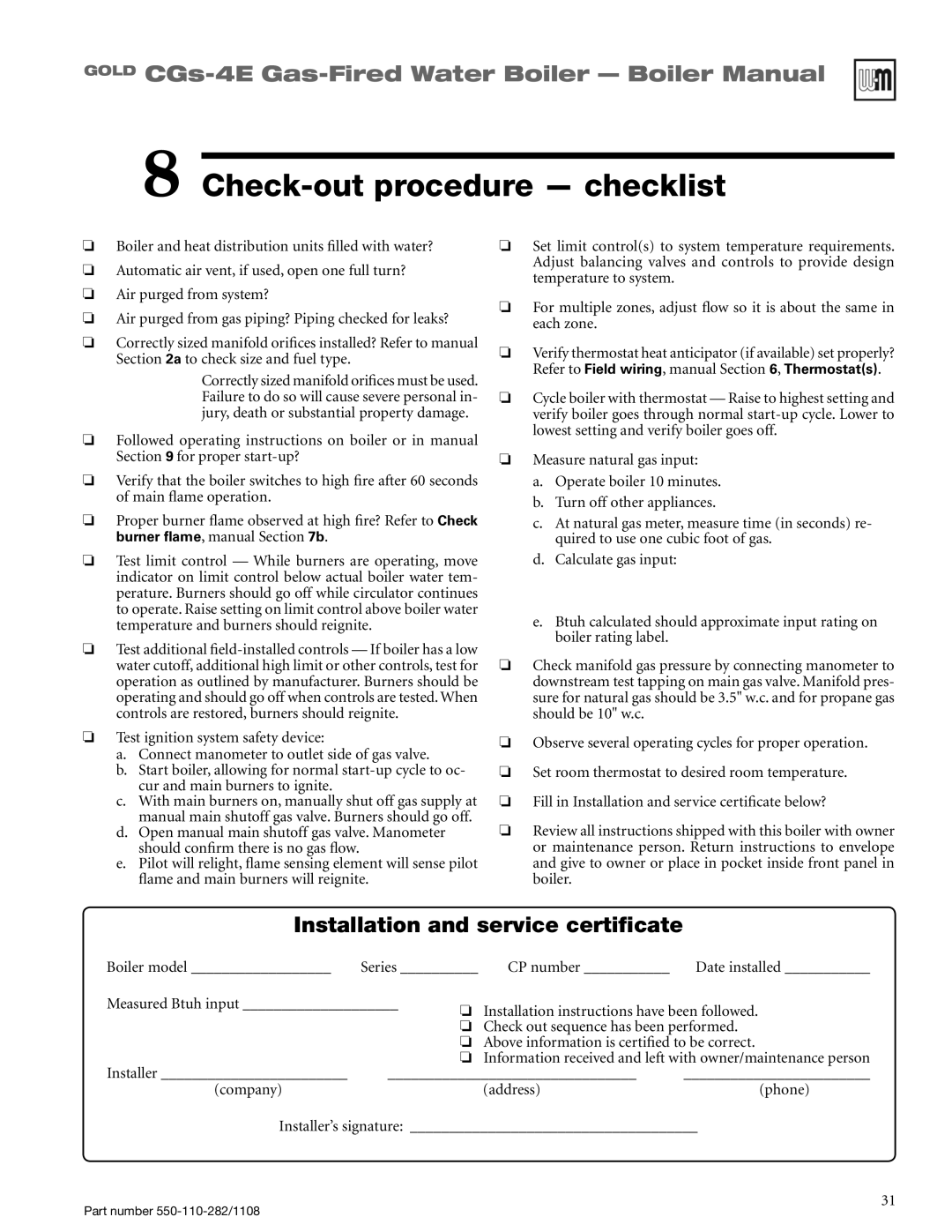 Weil-McLain CGS-4E manual Check-out procedure checklist, Installation and service certificate 