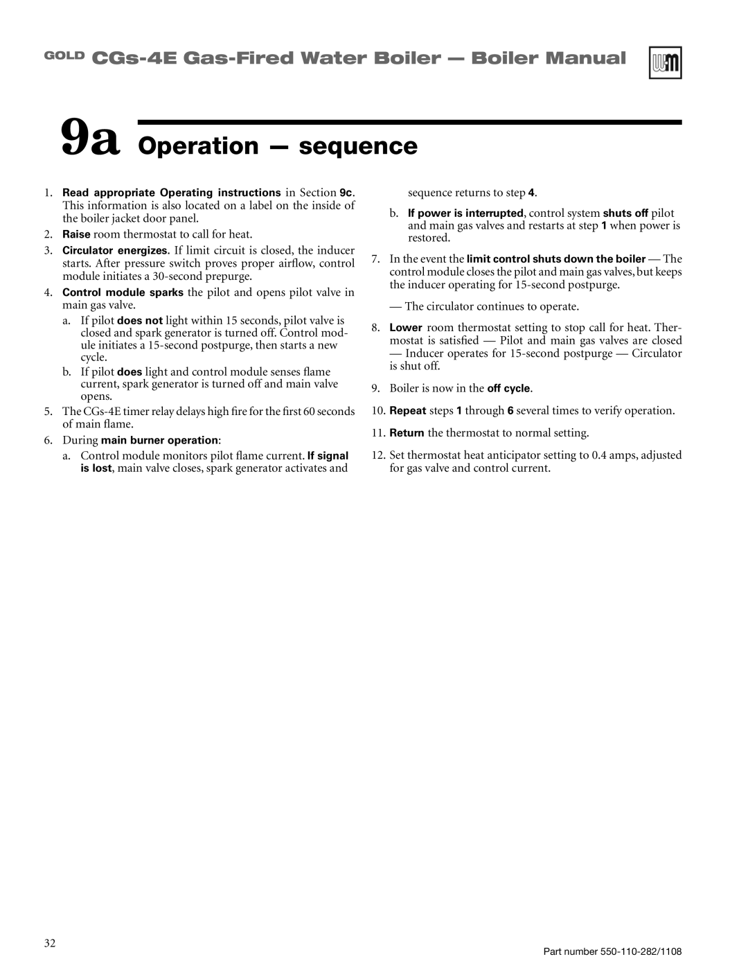 Weil-McLain CGS-4E manual 9a Operation sequence, Sequence returns to step, Boiler is now in the off cycle 