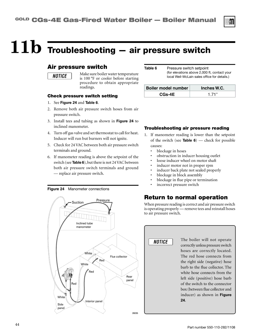 Weil-McLain CGS-4E manual 11b Troubleshooting air pressure switch, Air pressure switch, Return to normal operation 