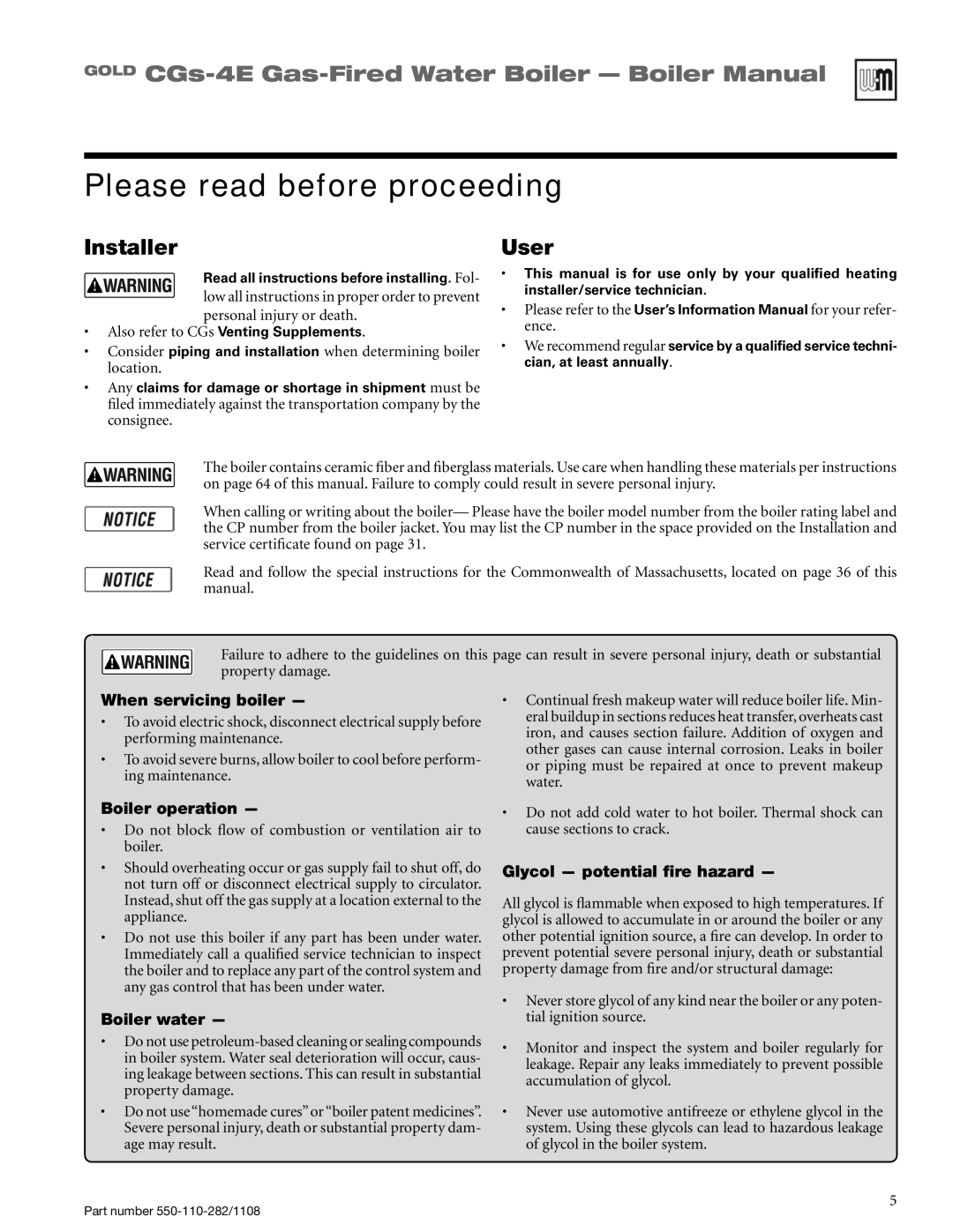 Weil-McLain CGS-4E manual Please read before proceeding, Installer, User 