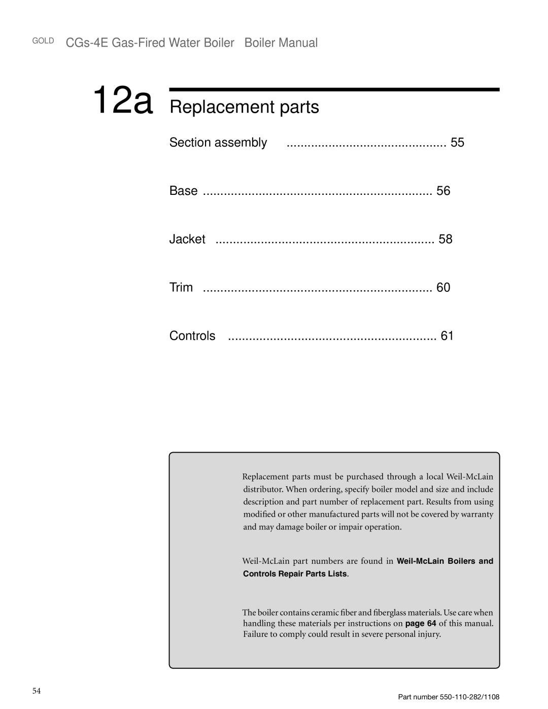 Weil-McLain CGS-4E manual 12a Replacement parts, Section assembly Base Jacket Trim Controls 