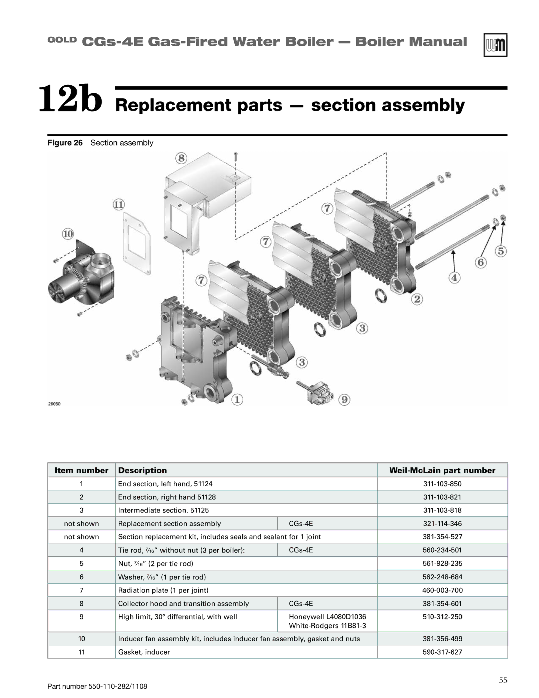 Weil-McLain CGS-4E manual 12b Replacement parts section assembly, Weil-McLain part number 