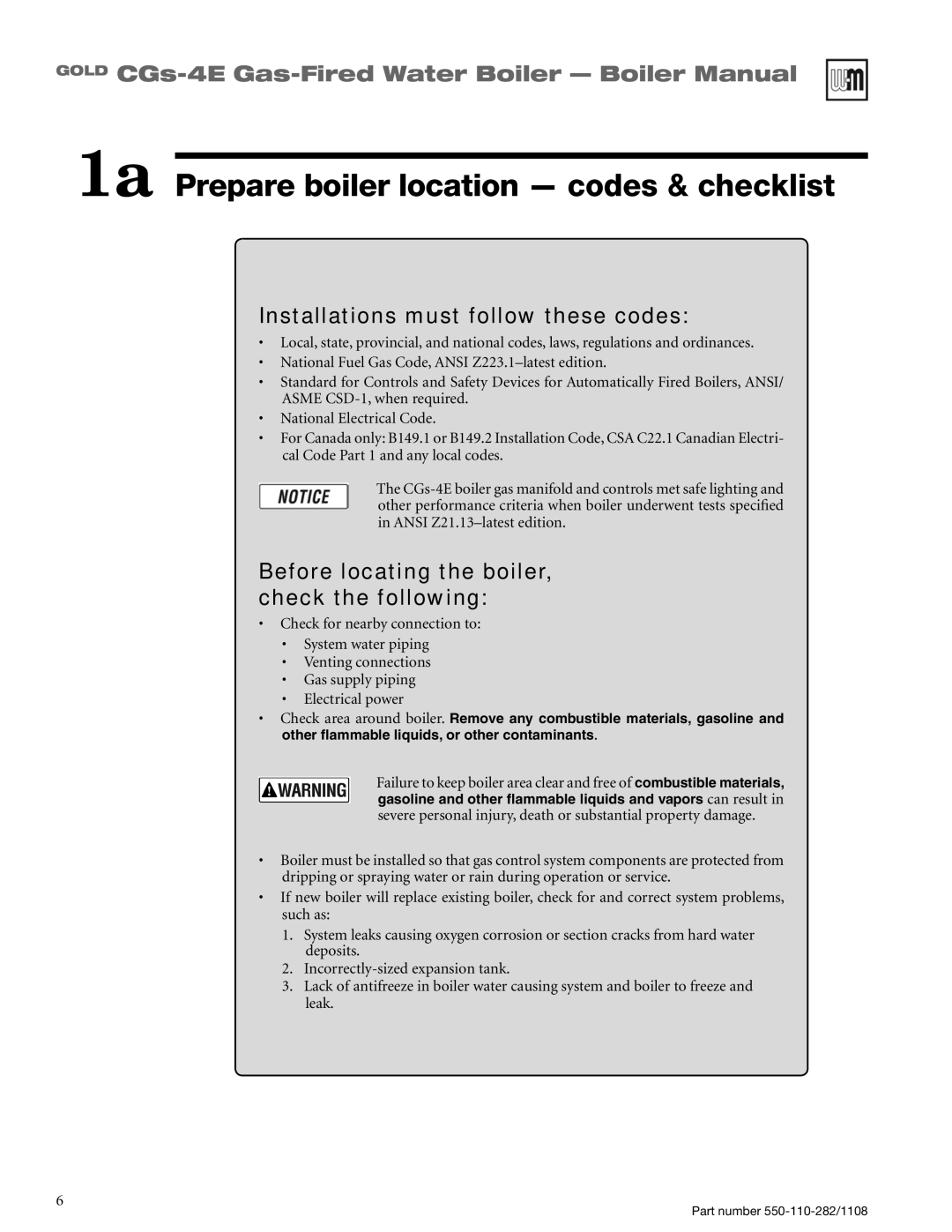 Weil-McLain CGS-4E manual 1a Prepare boiler location codes & checklist, Installations must follow these codes 