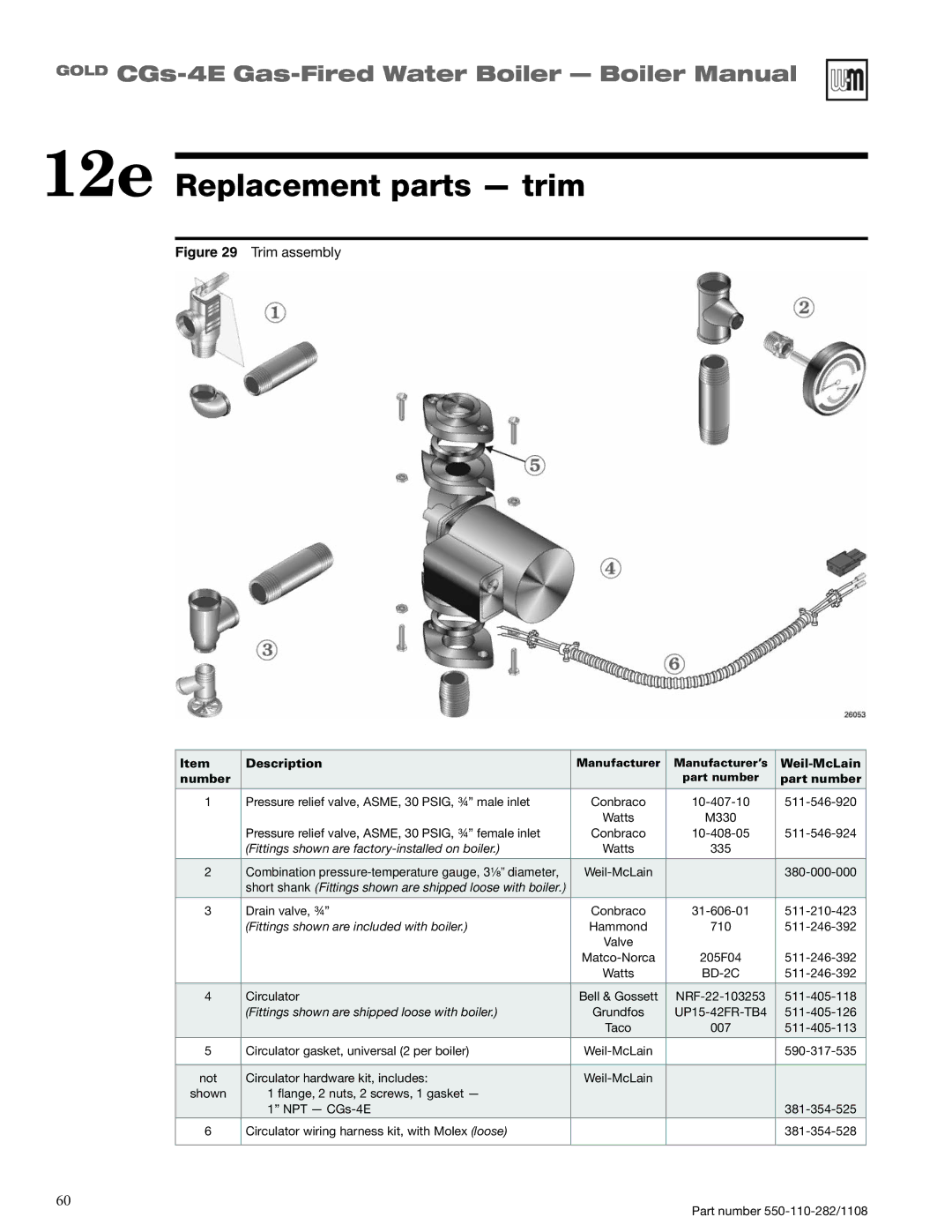 Weil-McLain CGS-4E manual 12e Replacement parts trim, Fittings shown are factory-installed on boiler 