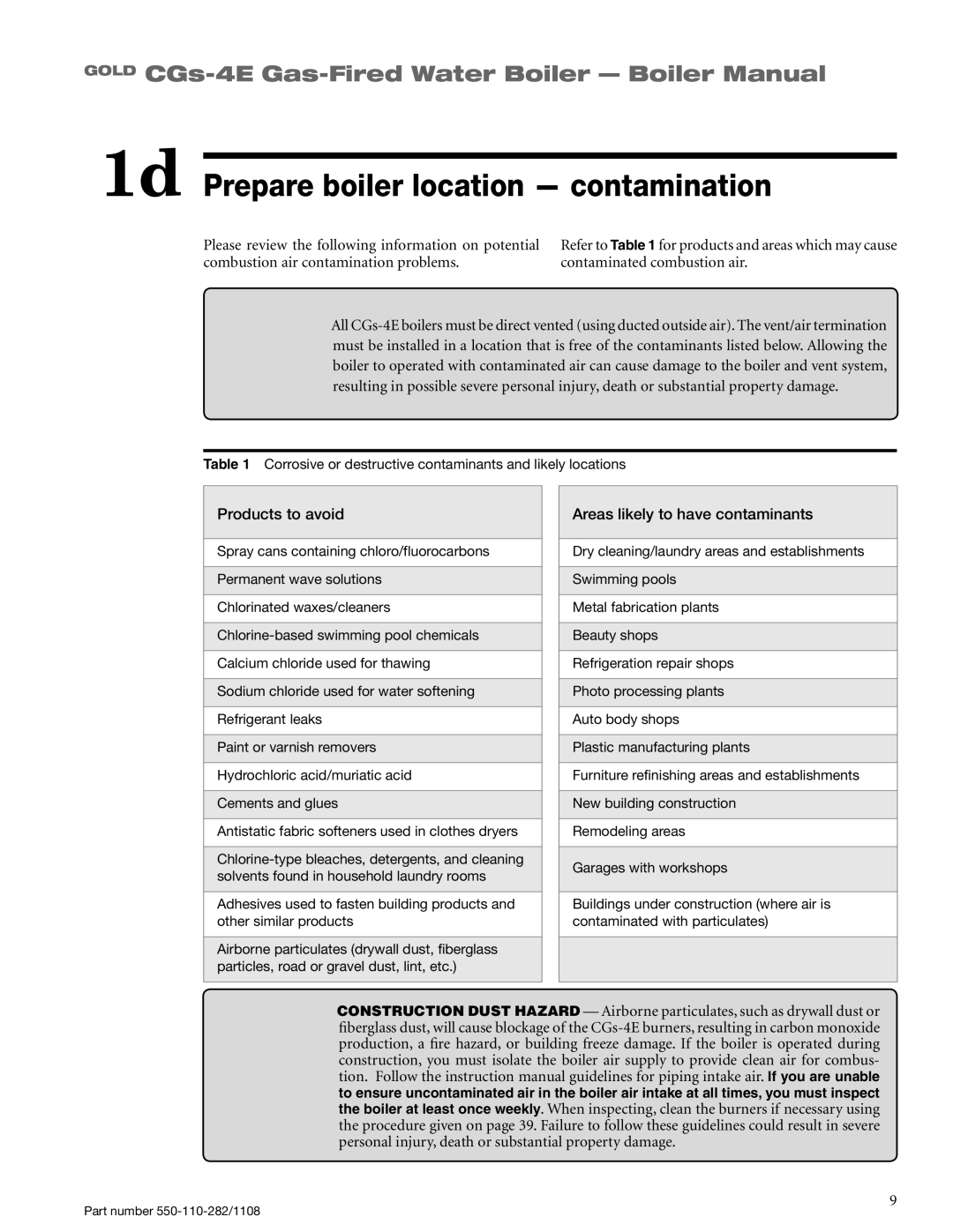 Weil-McLain CGS-4E manual 1d Prepare boiler location contamination, Products to avoid, Areas likely to have contaminants 