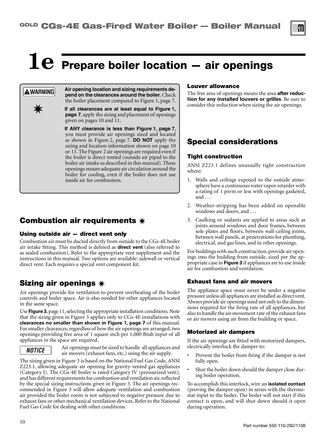 Weil-McLain CGS-4E manual 1e Prepare boiler location - air openings, Combustion air requirements, Special considerations 