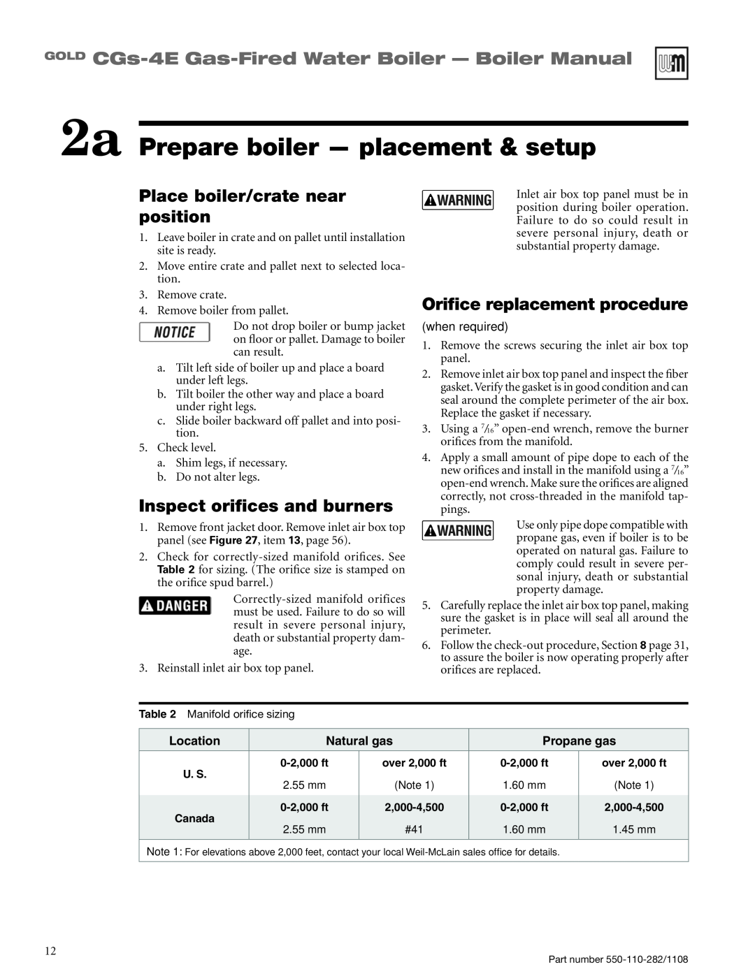 Weil-McLain CGS-4E 2a Prepare boiler - placement & setup, Place boiler/crate near position, Inspect orifices and burners 