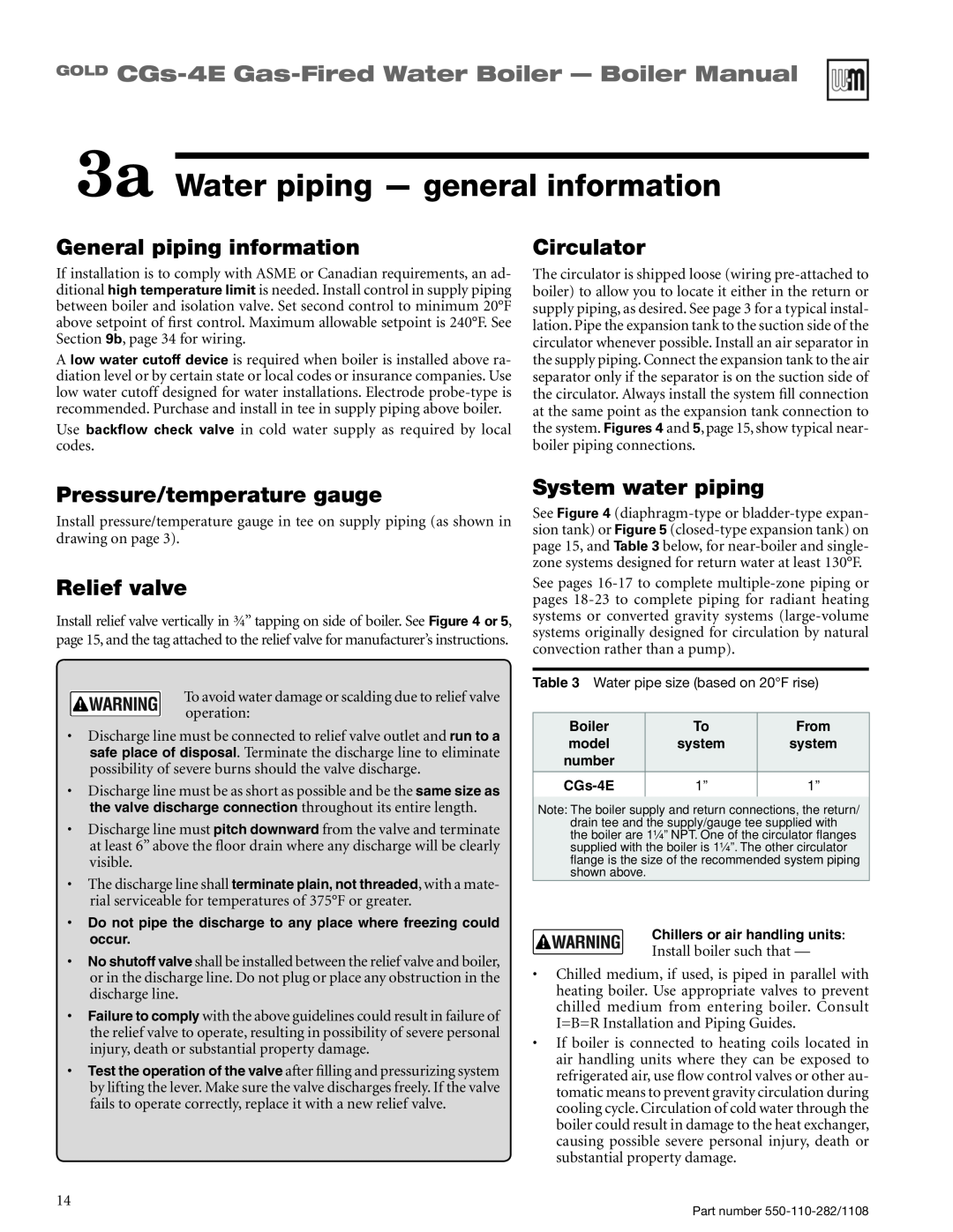 Weil-McLain CGS-4E manual 3a Water piping - general information, General piping information, Circulator, Relief valve 