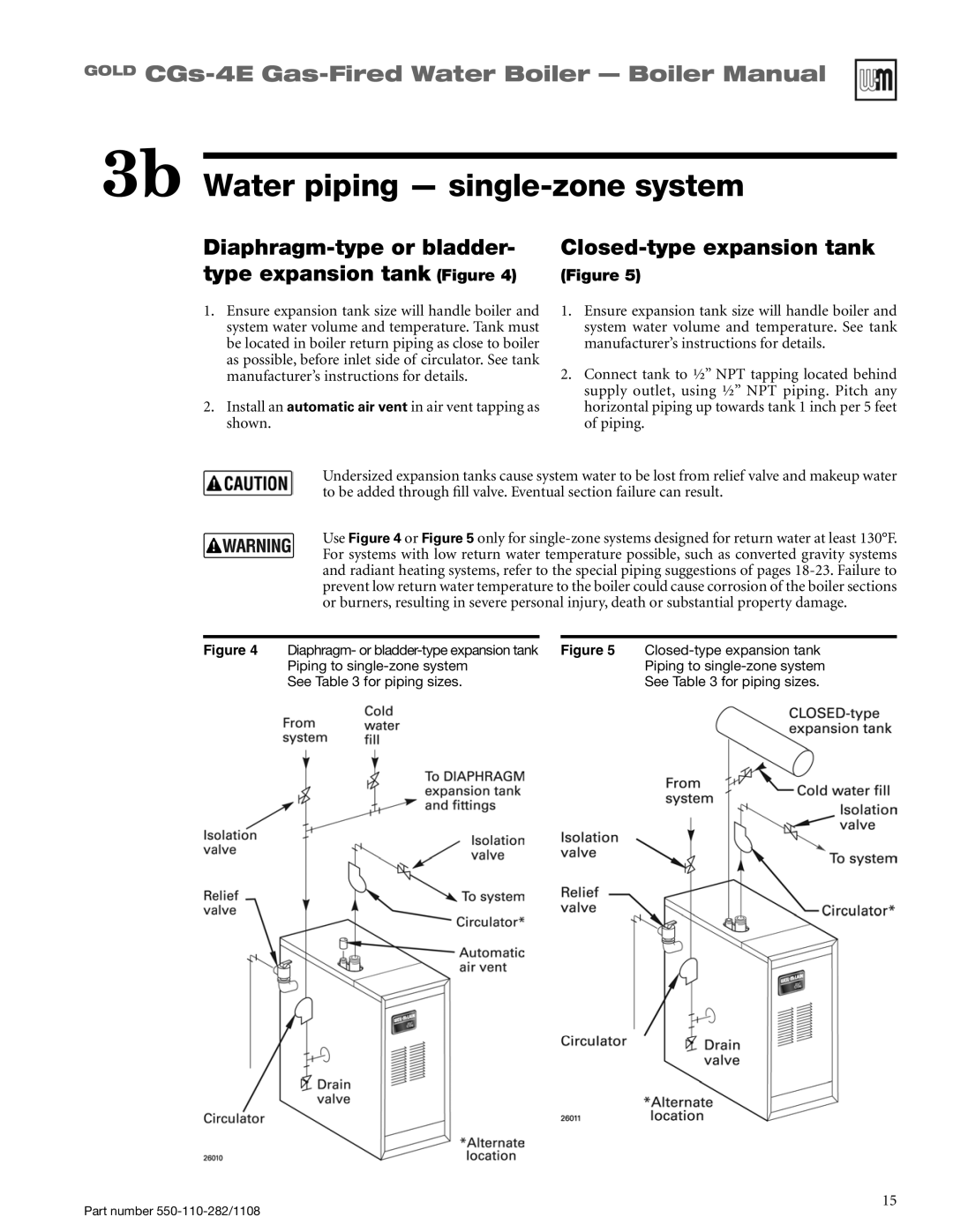 Weil-McLain CGS-4E manual 3b Water piping - single-zonesystem, Diaphragm-typeor bladder, Closed-typeexpansion tank 