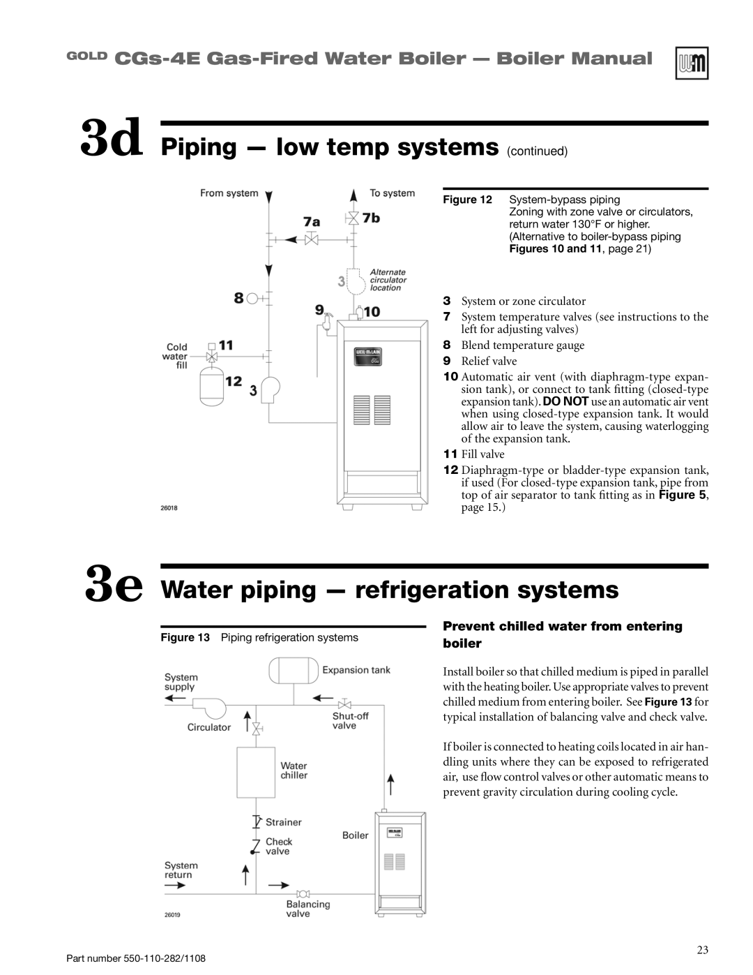 Weil-McLain CGS-4E manual 3e Water piping - refrigeration systems, 3d Piping - low temp systems continued, boiler 