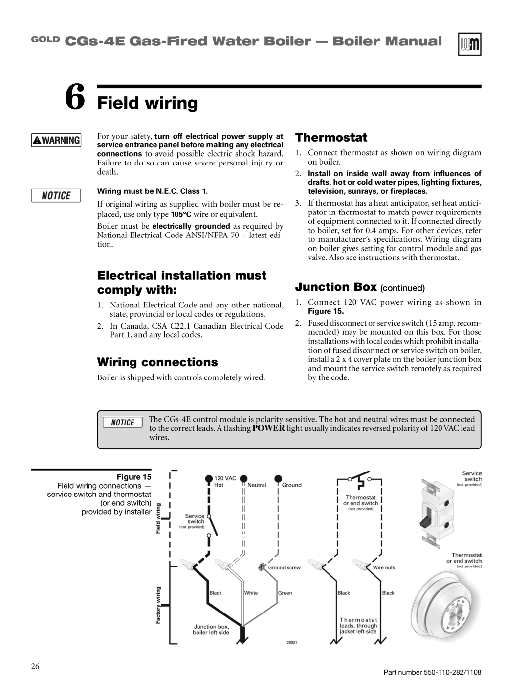 Weil-McLain CGS-4E manual Field wiring, Thermostat, Electrical installation must comply with, Wiring connections 