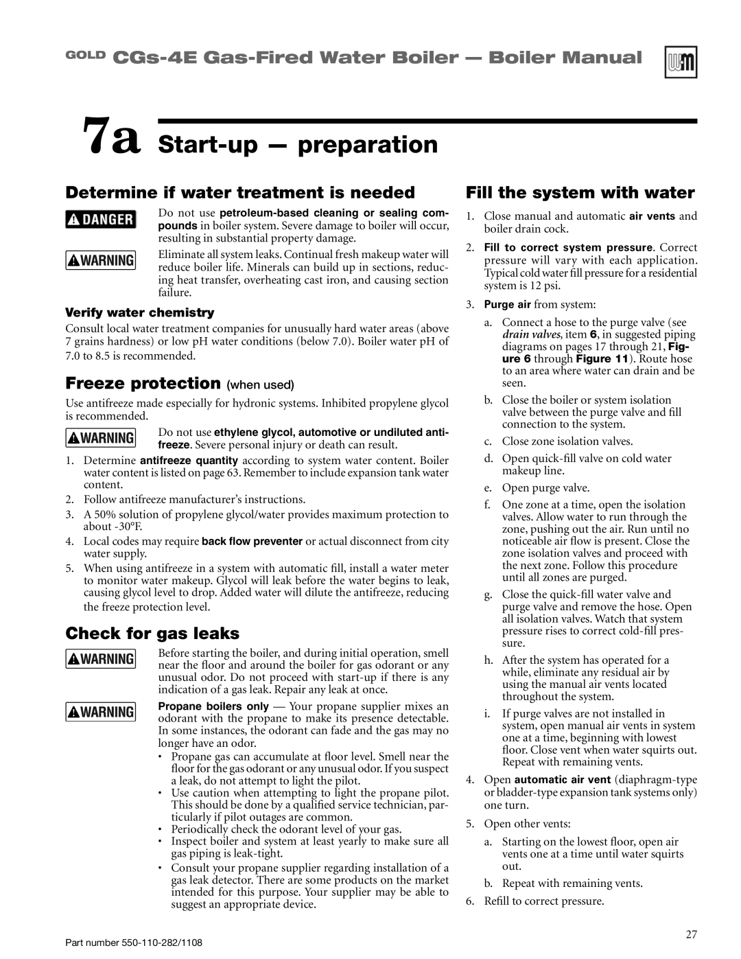Weil-McLain CGS-4E manual 7a Start-up- preparation, Determine if water treatment is needed, Freeze protection when used 