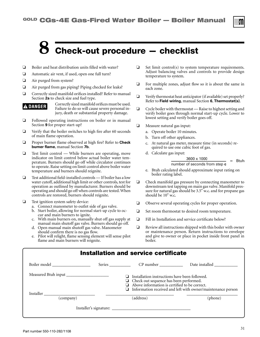 Weil-McLain CGS-4E manual Check-outprocedure - checklist, Installation and service certificate 