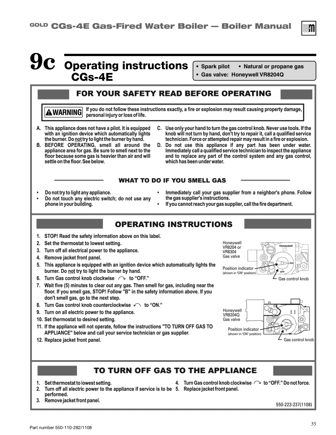 Weil-McLain CGS-4E manual 9c Operating instructions CGs-4E, GOLD CGs-4E Gas-FiredWater Boiler - Boiler Manual 