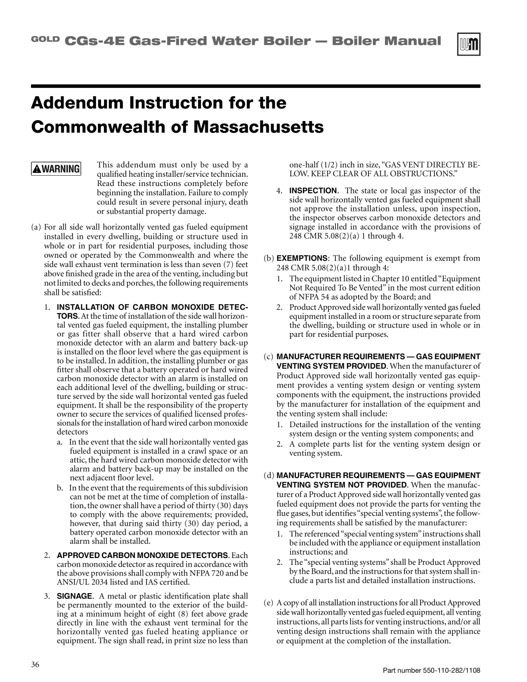 Weil-McLain CGS-4E manual Addendum Instruction for the, Commonwealth of Massachusetts 