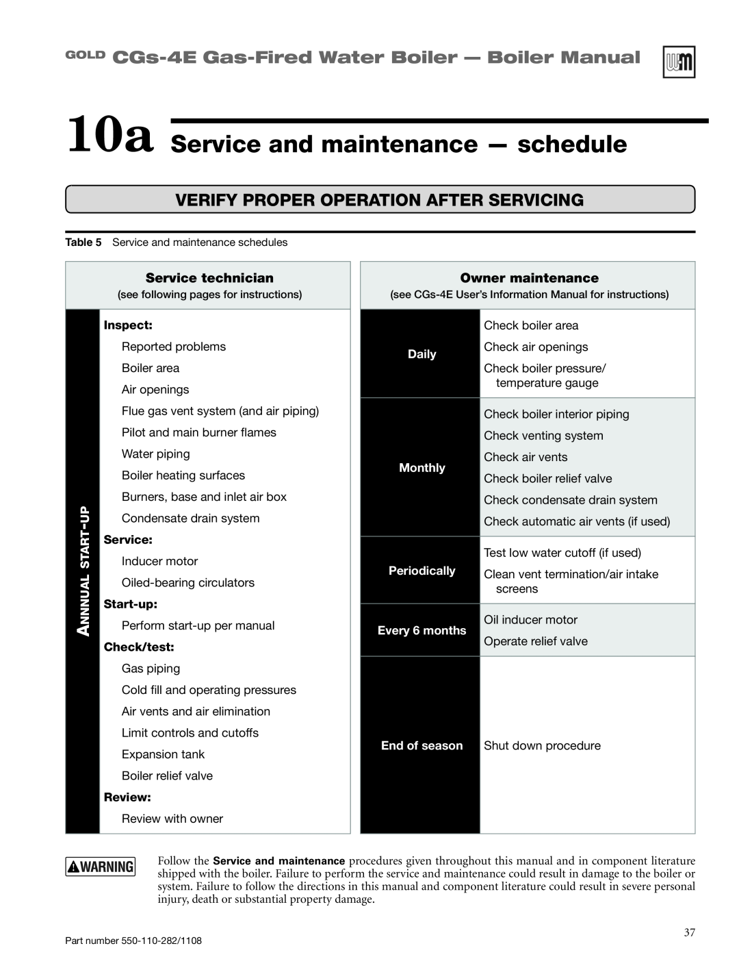 Weil-McLain CGS-4E 10a Service and maintenance - schedule, Verify Proper Operation After Servicing, Service technician 