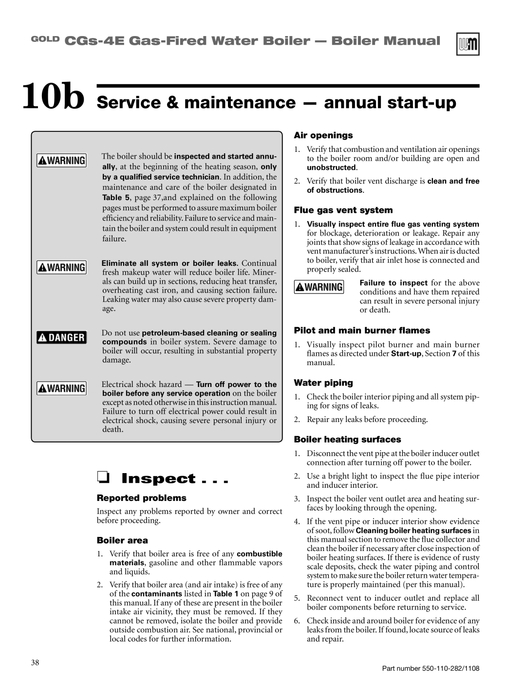 Weil-McLain CGS-4E 10b Service & maintenance - annual start-up, Inspect, GOLD CGs-4E Gas-FiredWater Boiler - Boiler Manual 