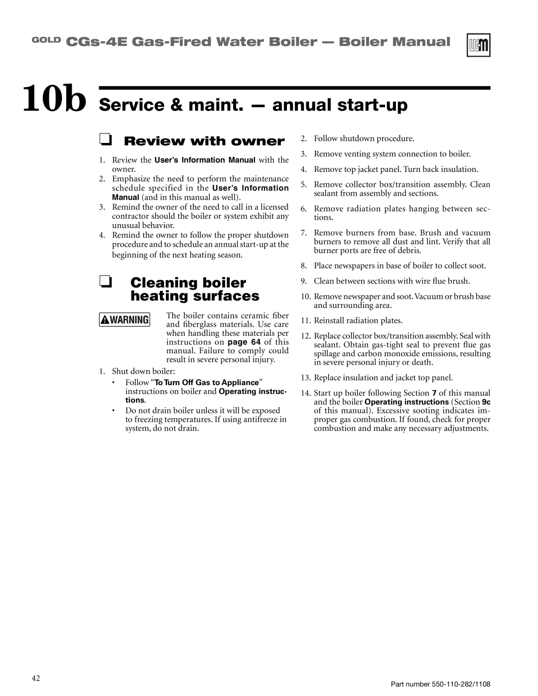 Weil-McLain CGS-4E manual 10b Service & maint. - annual start-up, Cleaning boiler heating surfaces, Review with owner 