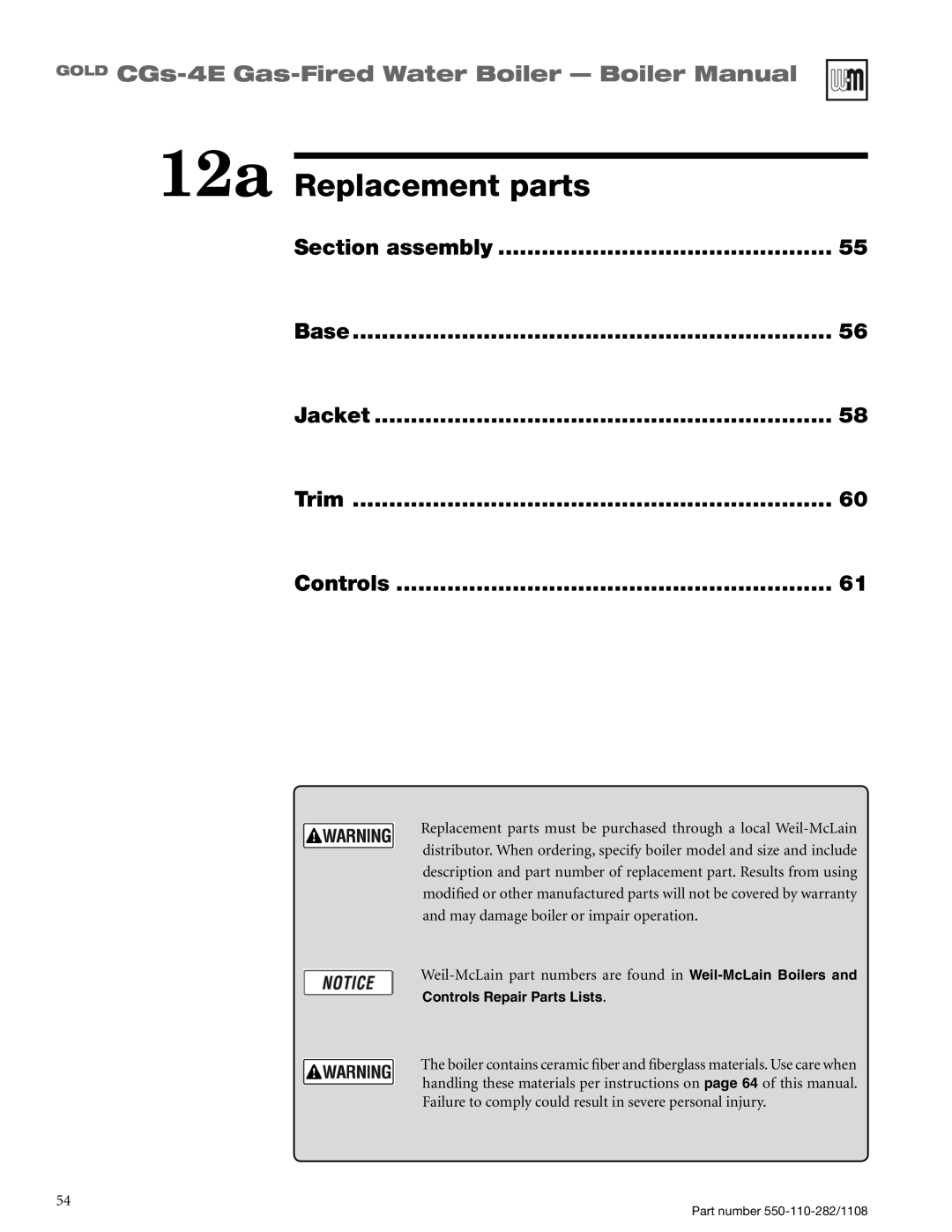 Weil-McLain CGS-4E manual 12a Replacement parts, Section assembly, Base, Jacket, Trim, Controls 