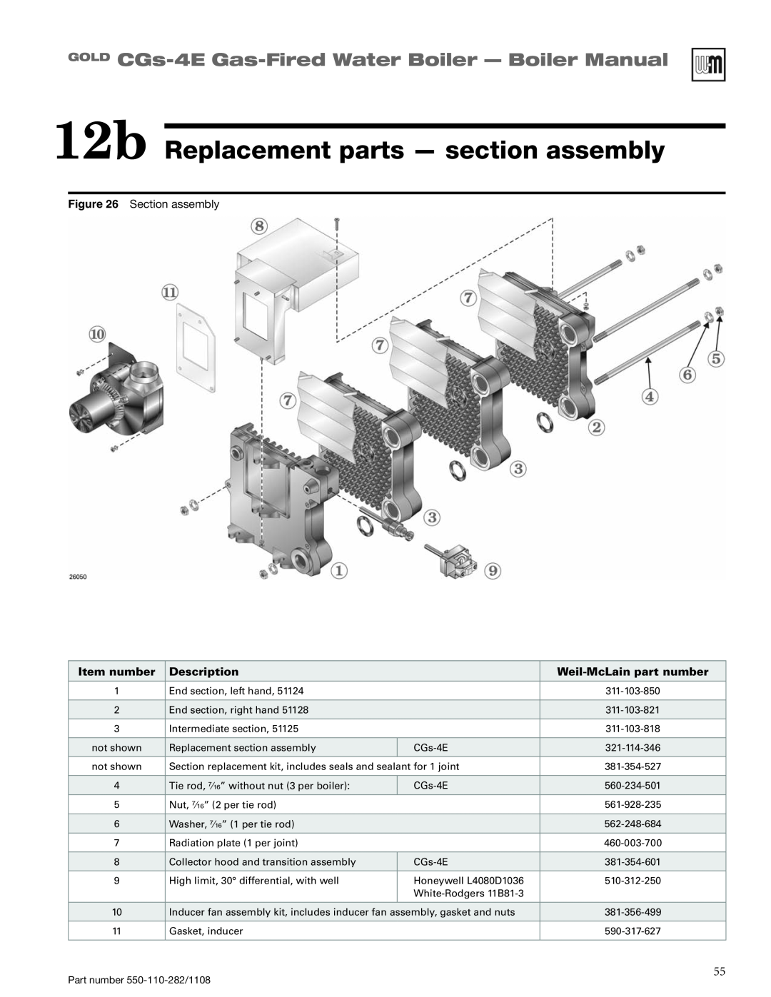 Weil-McLain CGS-4E manual 12b Replacement parts - section assembly, GOLD CGs-4E Gas-FiredWater Boiler - Boiler Manual 