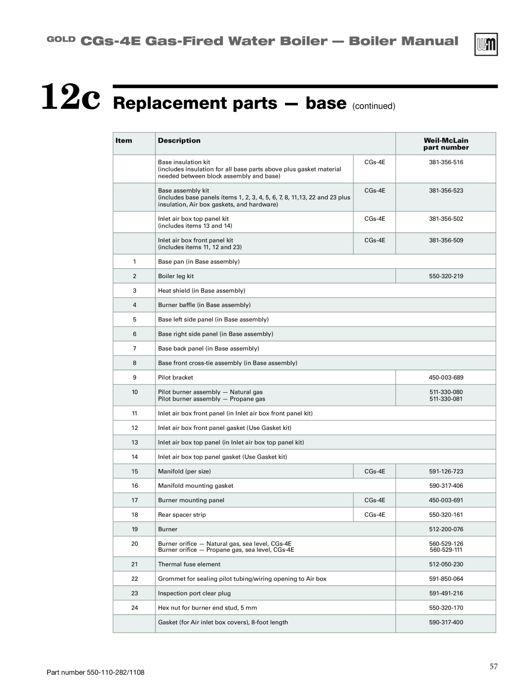 Weil-McLain CGS-4E 12c Replacement parts - base continued, GOLD CGs-4E Gas-FiredWater Boiler — Boiler Manual, Description 