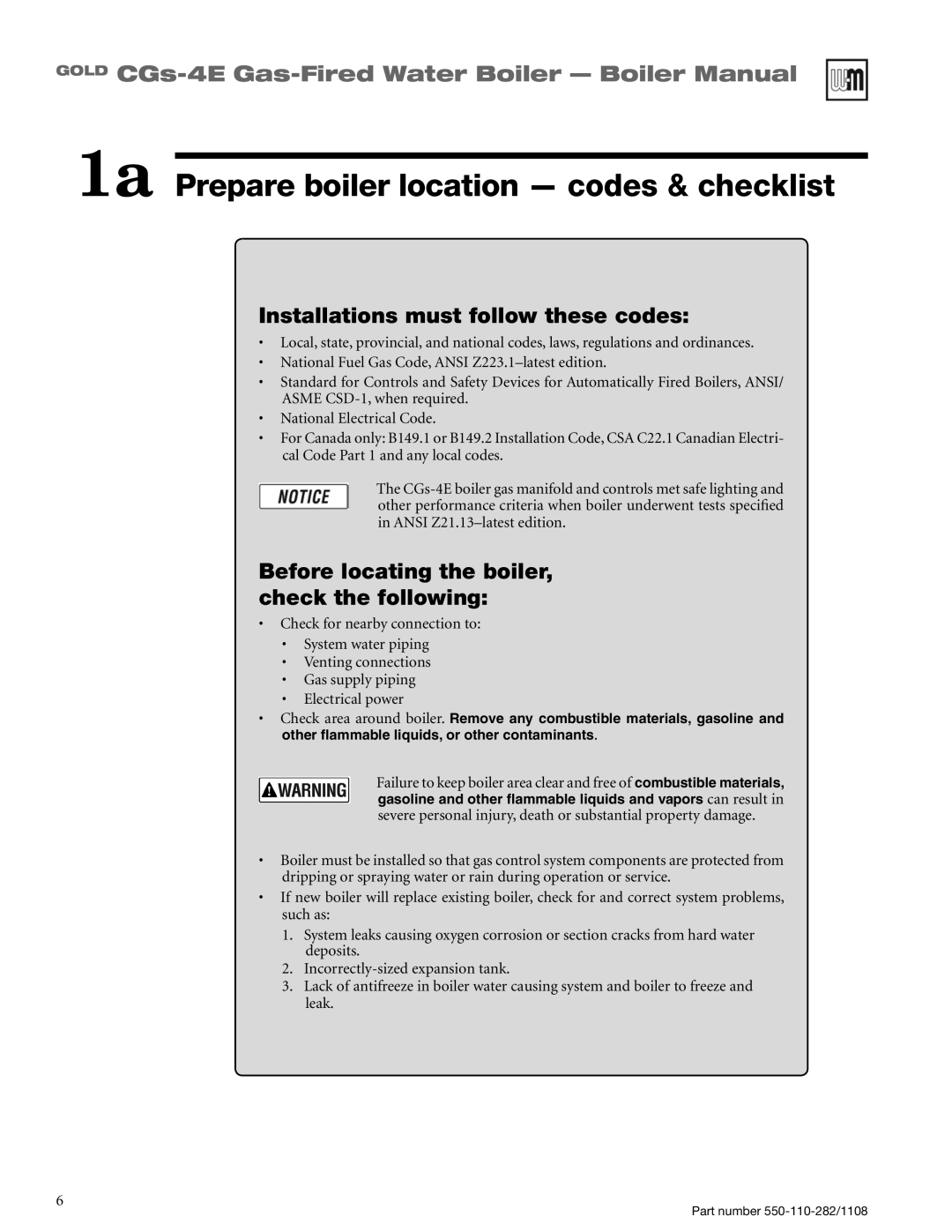 Weil-McLain CGS-4E manual 1a Prepare boiler location - codes & checklist, Installations must follow these codes 