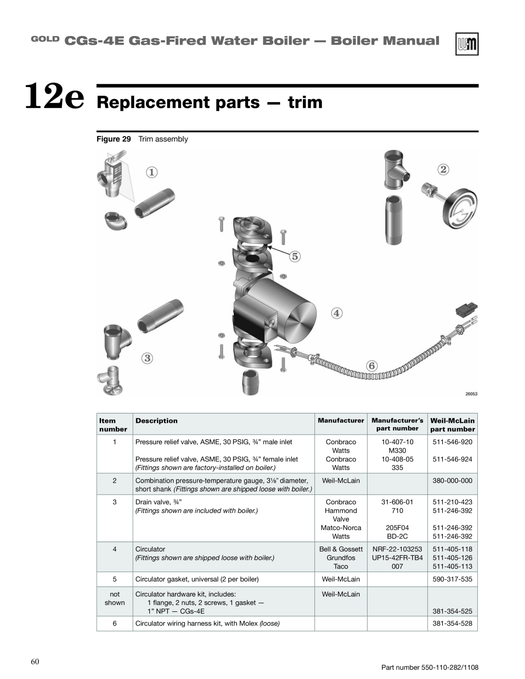 Weil-McLain CGS-4E manual 12e Replacement parts - trim, GOLD CGs-4E Gas-FiredWater Boiler - Boiler Manual 