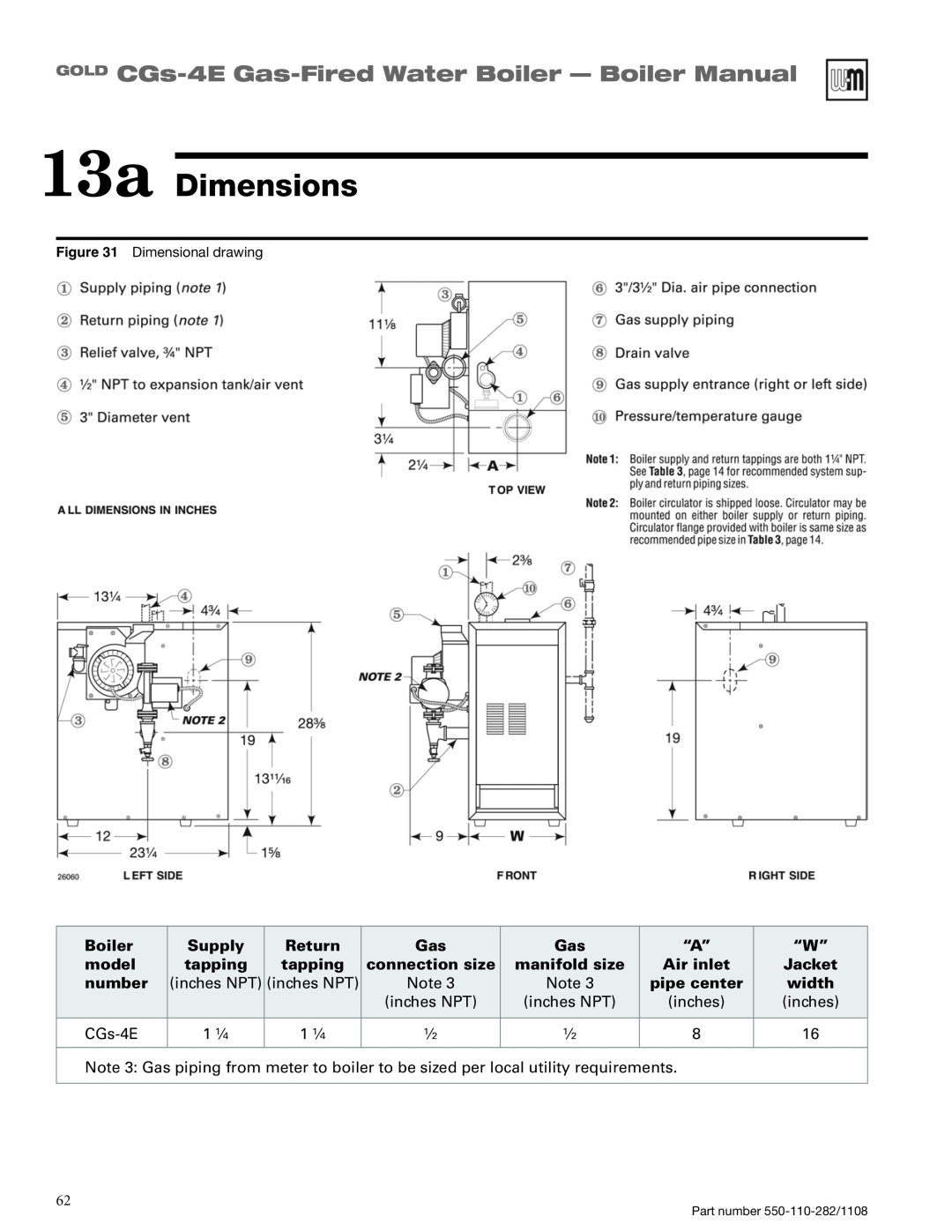 Weil-McLain CGS-4E manual 13a Dimensions, GOLD CGs-4E Gas-FiredWater Boiler - Boiler Manual 