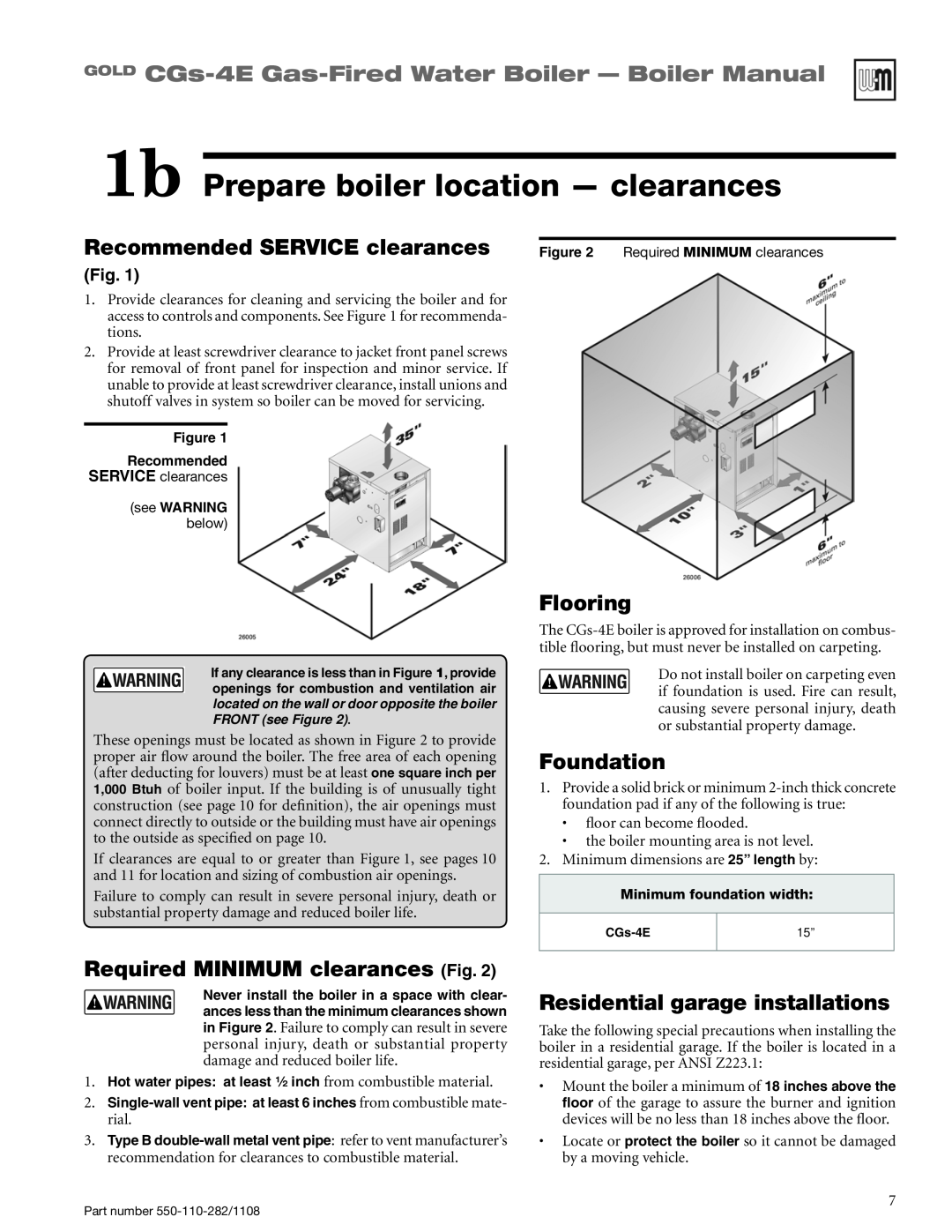 Weil-McLain CGS-4E manual 1b Prepare boiler location - clearances, Recommended SERVICE clearances, Flooring, Foundation 