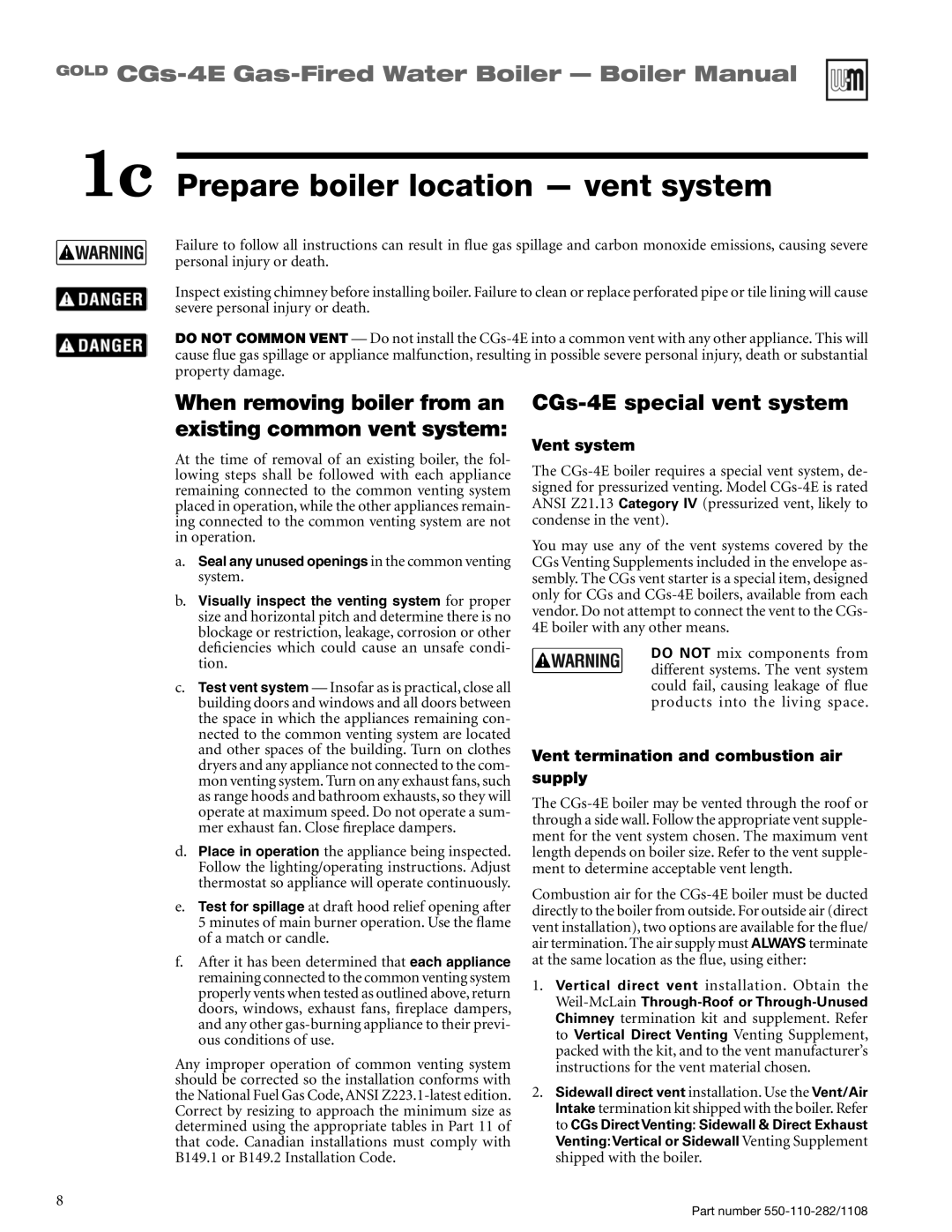 Weil-McLain CGS-4E manual 1c Prepare boiler location - vent system, CGs-4Especial vent system, Vent system 