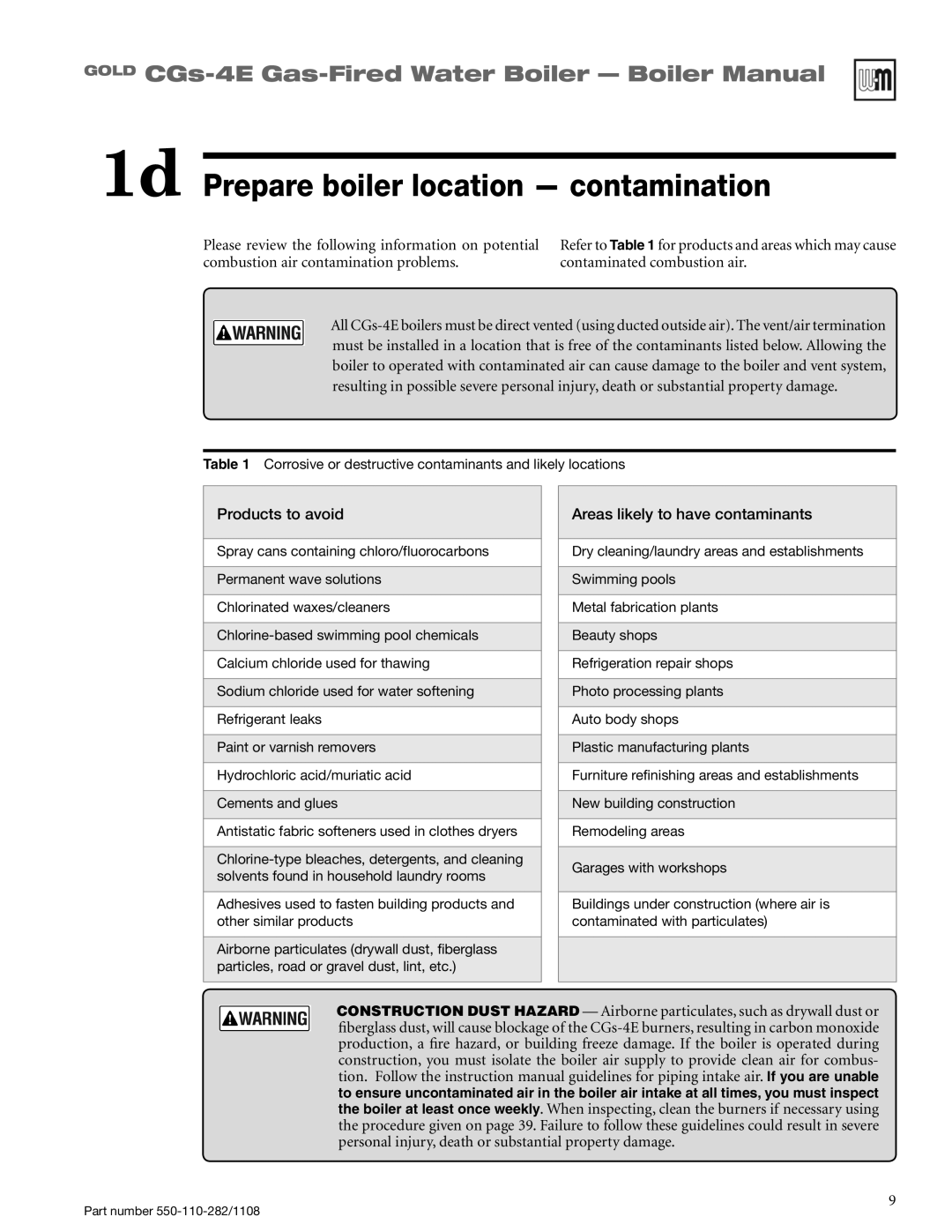 Weil-McLain CGS-4E manual 1d Prepare boiler location - contamination, GOLD CGs-4E Gas-FiredWater Boiler - Boiler Manual 