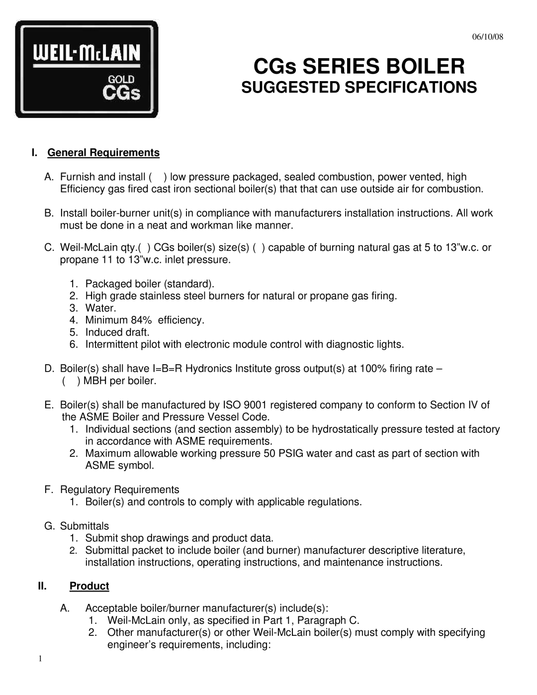 Weil-McLain CGs SERIES specifications CGs Series Boiler, Suggested Specifications, General Requirements, II. Product 