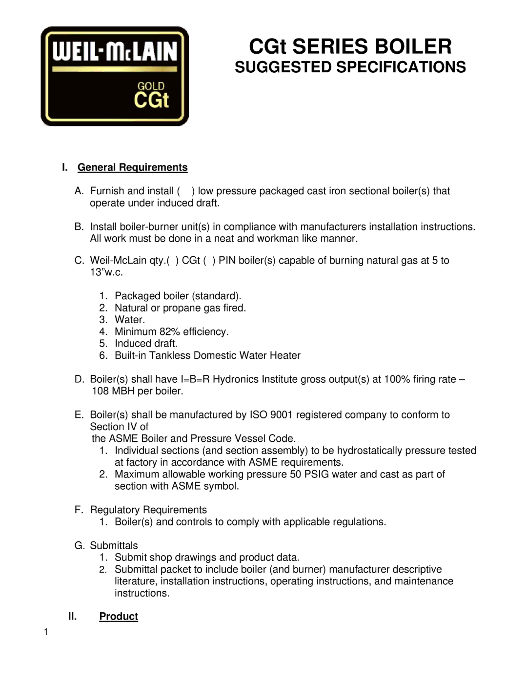 Weil-McLain CGt SERIES specifications CGt Series Boiler, Suggested Specifications, General Requirements, II. Product 