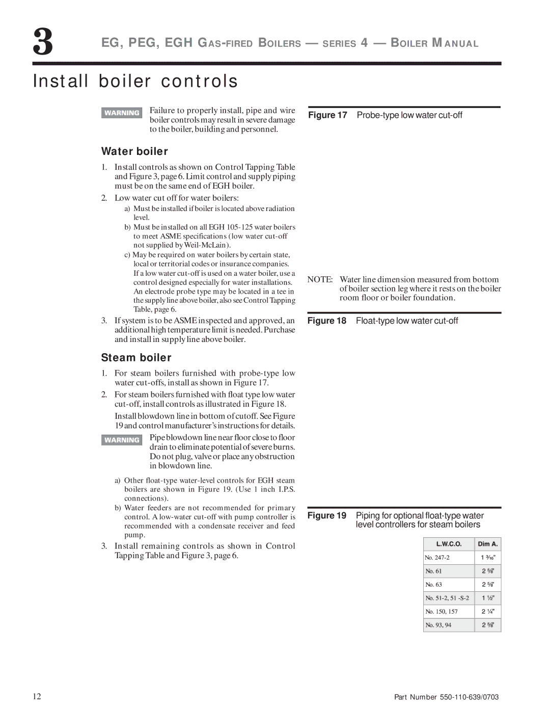 Weil-McLain EG manual Install boiler controls, Water boiler, Steam boiler, Low water cut off for water boilers 