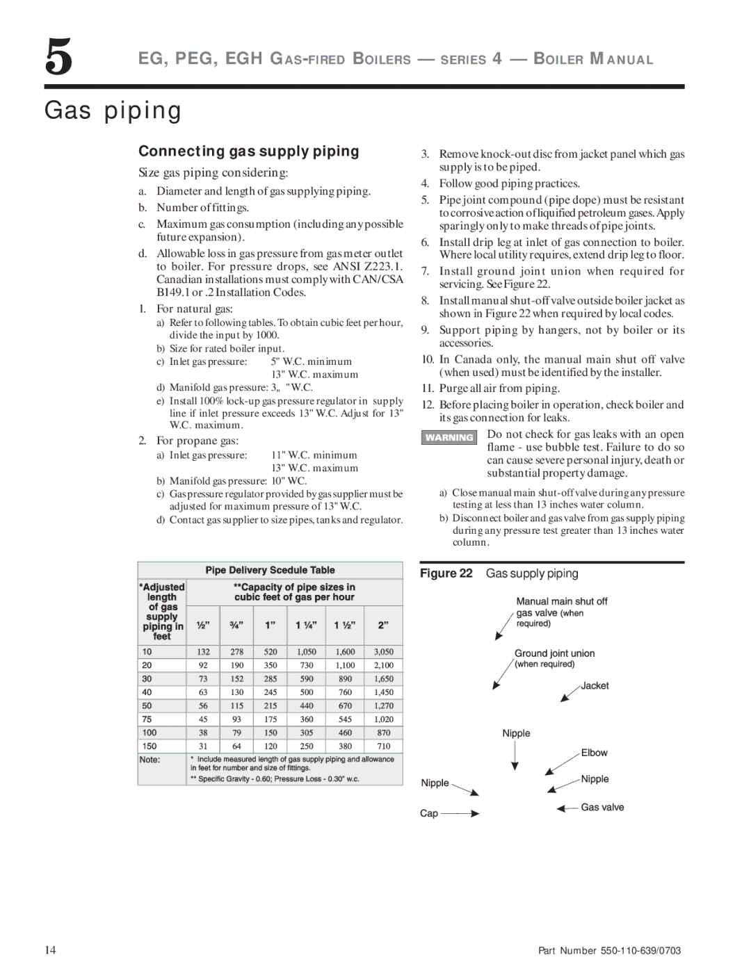 Weil-McLain EG manual Gas piping, Connecting gas supply piping, For propane gas 