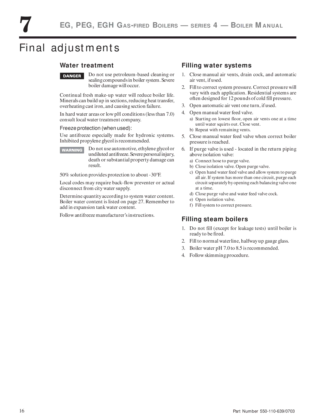 Weil-McLain EG manual Final adjustments, Water treatment, Filling water systems, Filling steam boilers 