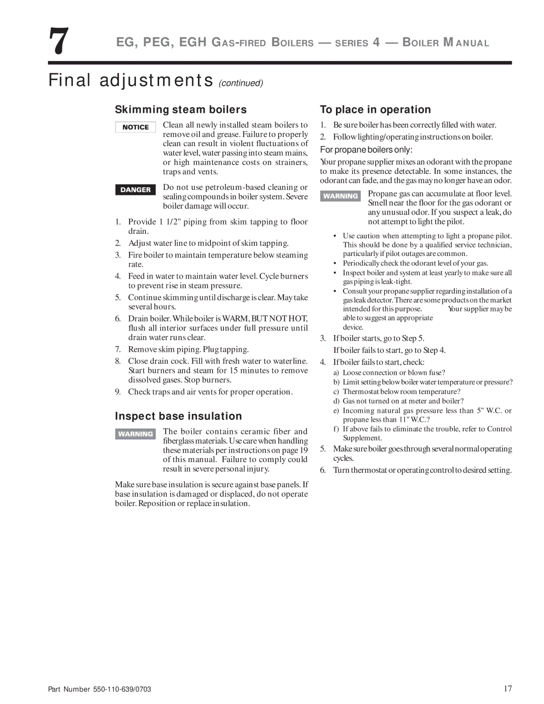 Weil-McLain EG manual Skimming steam boilers, Inspect base insulation, To place in operation, For propane boilers only 