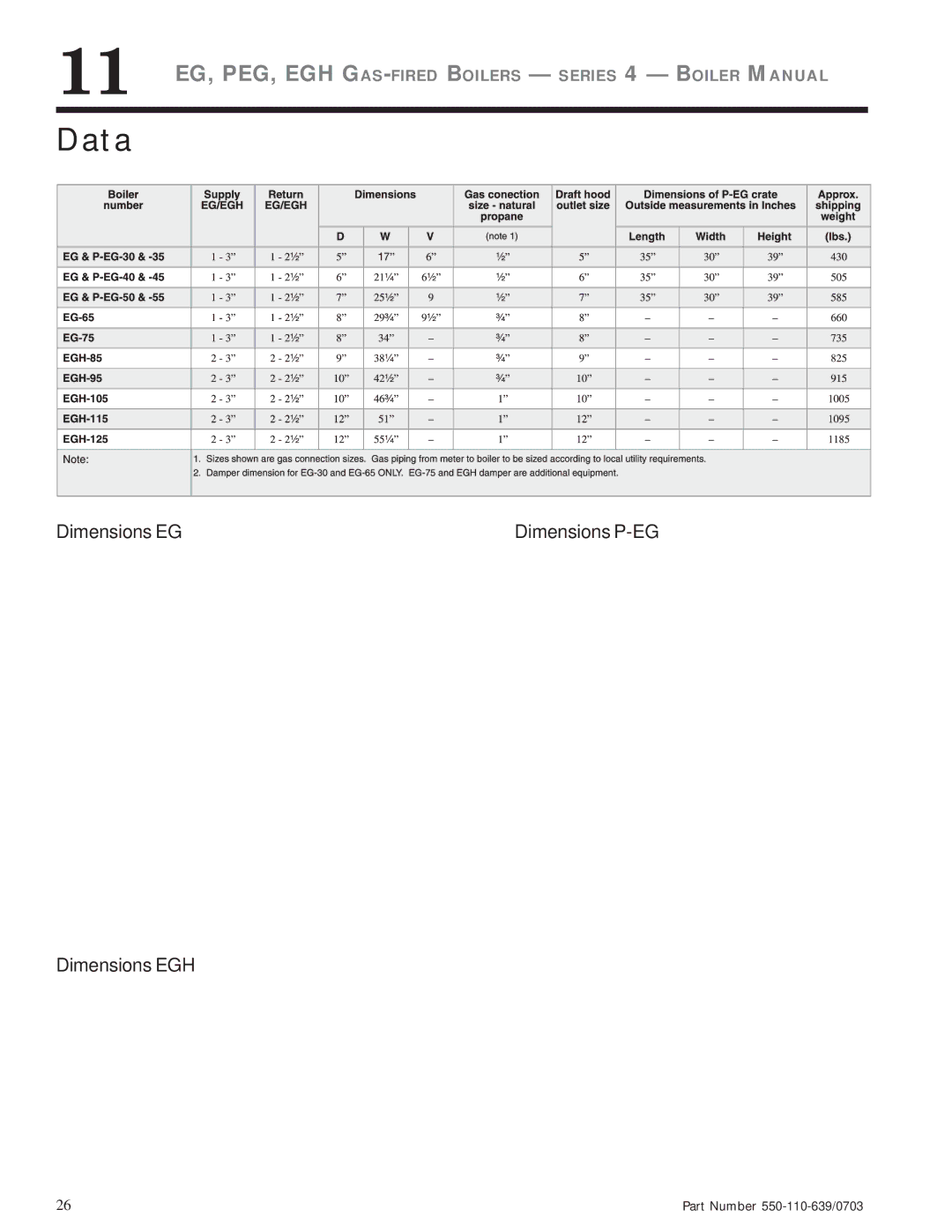 Weil-McLain manual Data, Dimensions EG Dimensions P-EG Dimensions EGH 