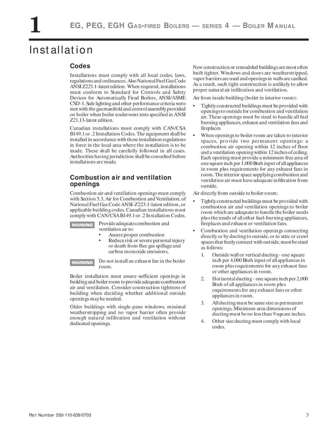 Weil-McLain EG manual Installation, Codes, Combustion air and ventilation openings 