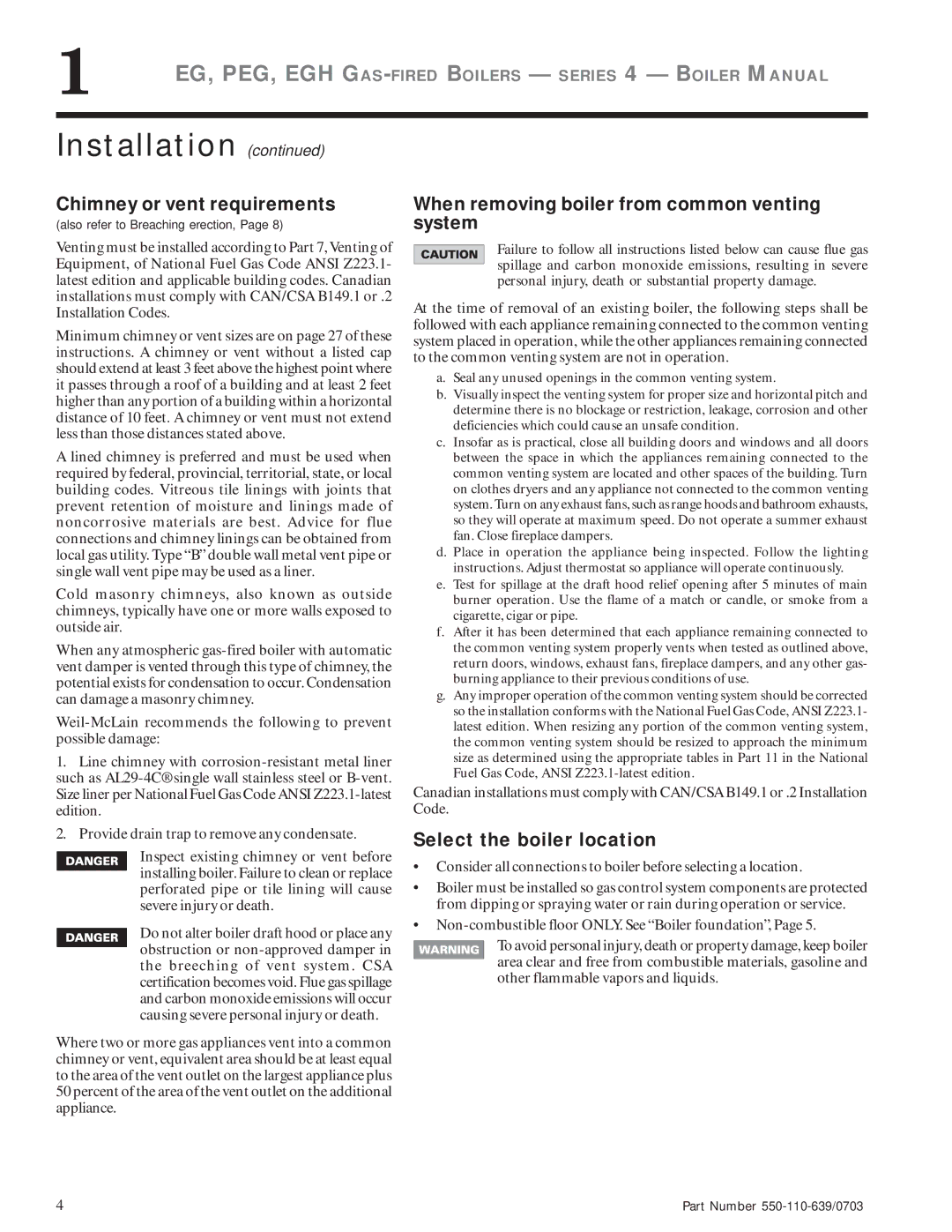 Weil-McLain EG Chimney or vent requirements, When removing boiler from common venting system, Select the boiler location 