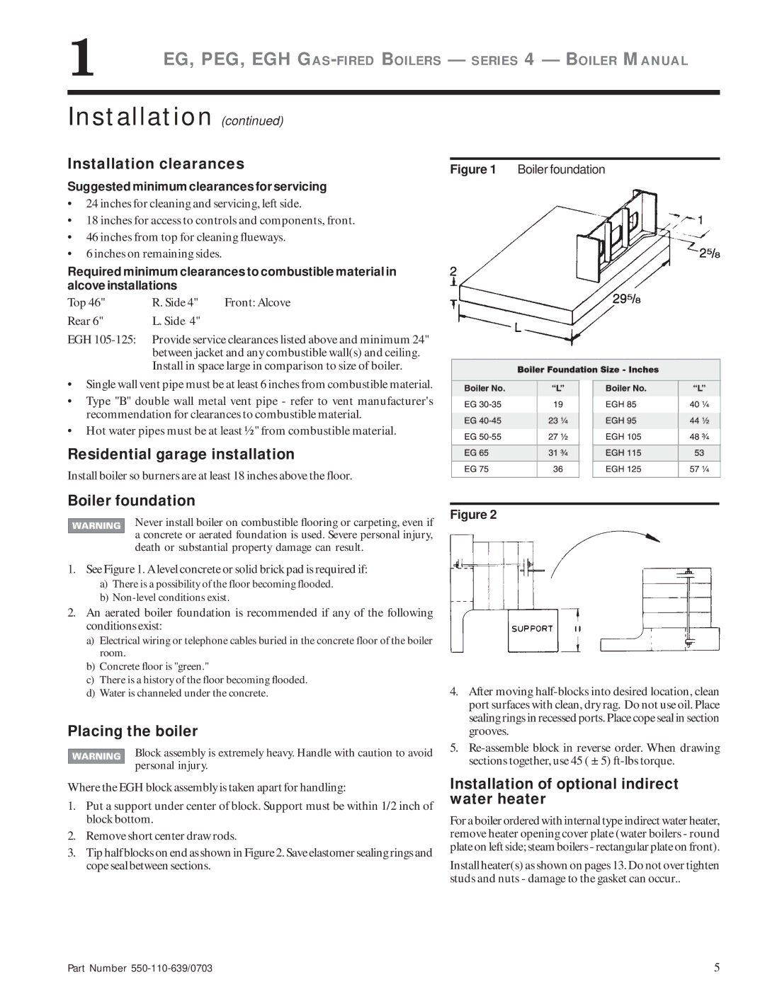 Weil-McLain EG manual Installation clearances, Residential garage installation, Boiler foundation, Placing the boiler 