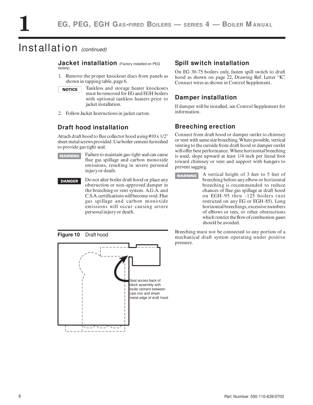 Weil-McLain EG manual Spill switch installation, Damper installation, Draft hood installation, Breeching erection 