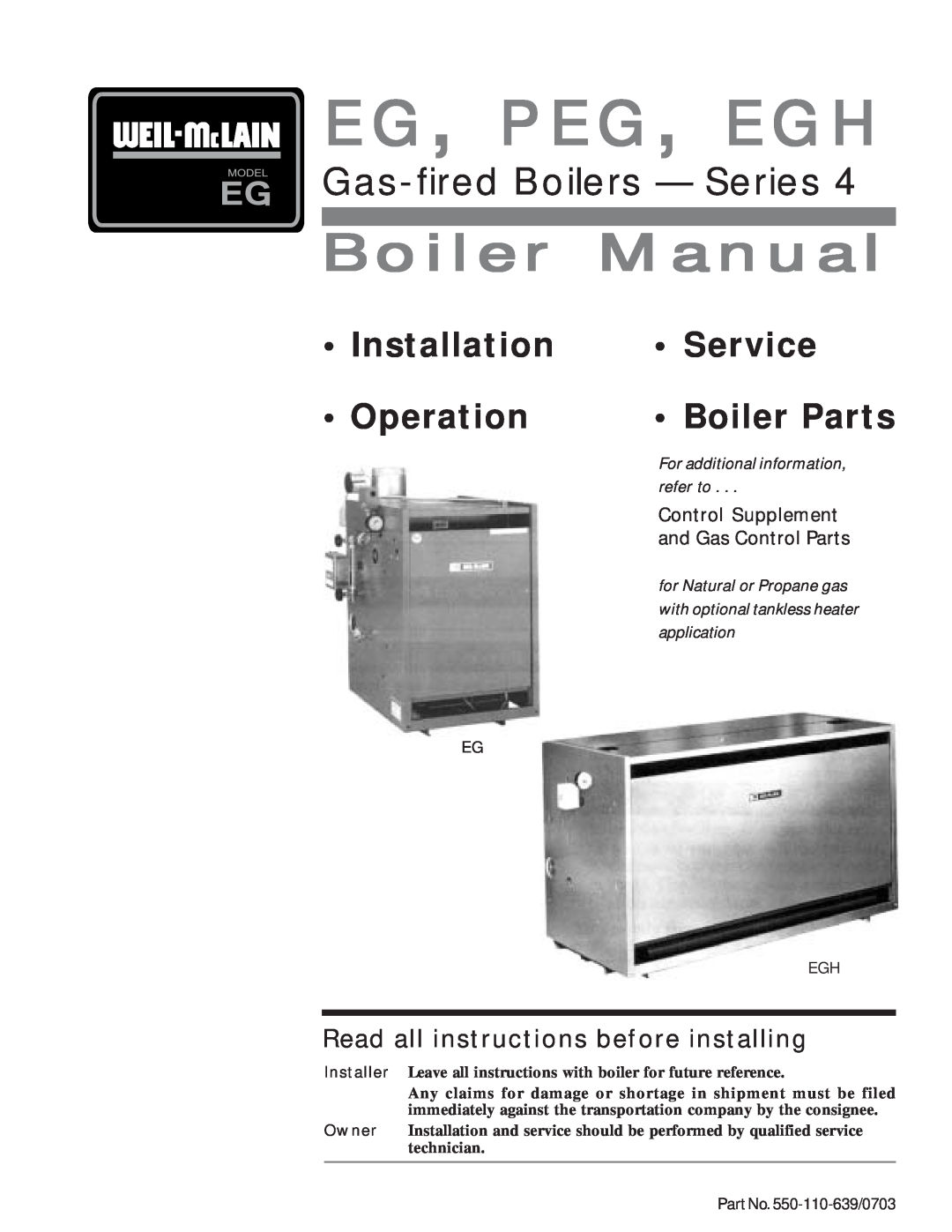 Weil-McLain EG manual Read all instructions before installing, Eg, Peg, Egh, Boiler Manual, Gas-firedBoilers - Series 