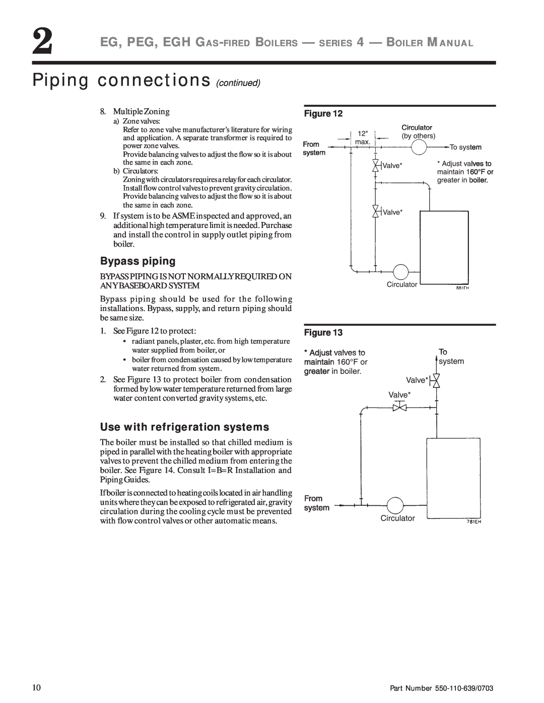Weil-McLain EG manual Piping connections continued, Bypass piping, Use with refrigeration systems, Figure Figure 