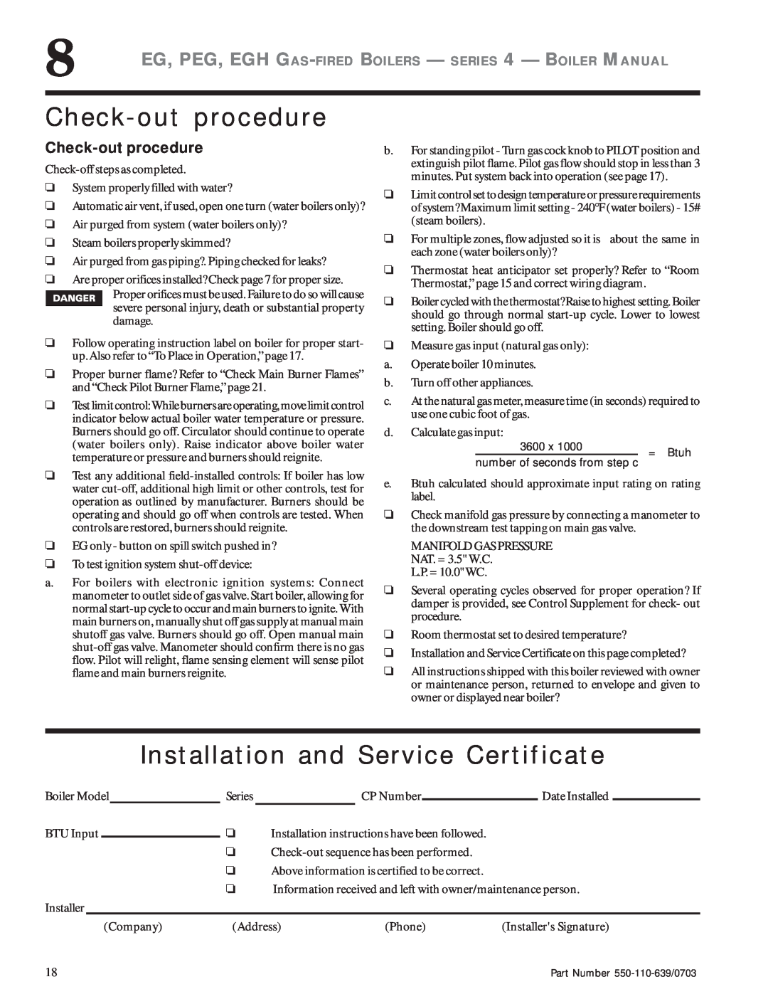 Weil-McLain EG manual Check-outprocedure, Installation and Service Certificate 