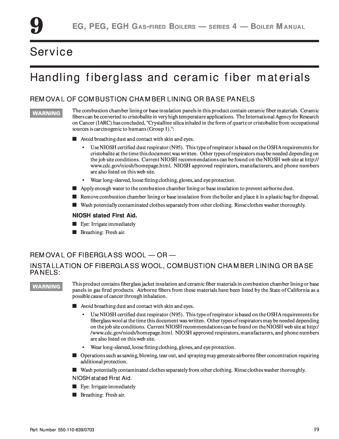 Weil-McLain EG manual Service, Handling fiberglass and ceramic fiber materials, Removal Of Fiberglass Wool - Or 