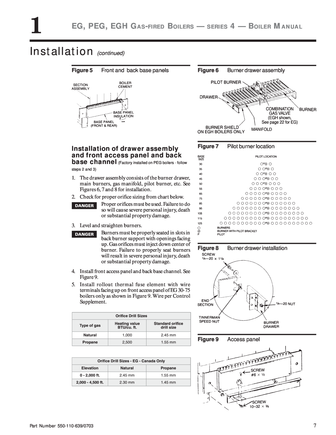 Weil-McLain EG manual Installation continued, Front and back base panels, Burner drawer assembly, Pilot burner location 