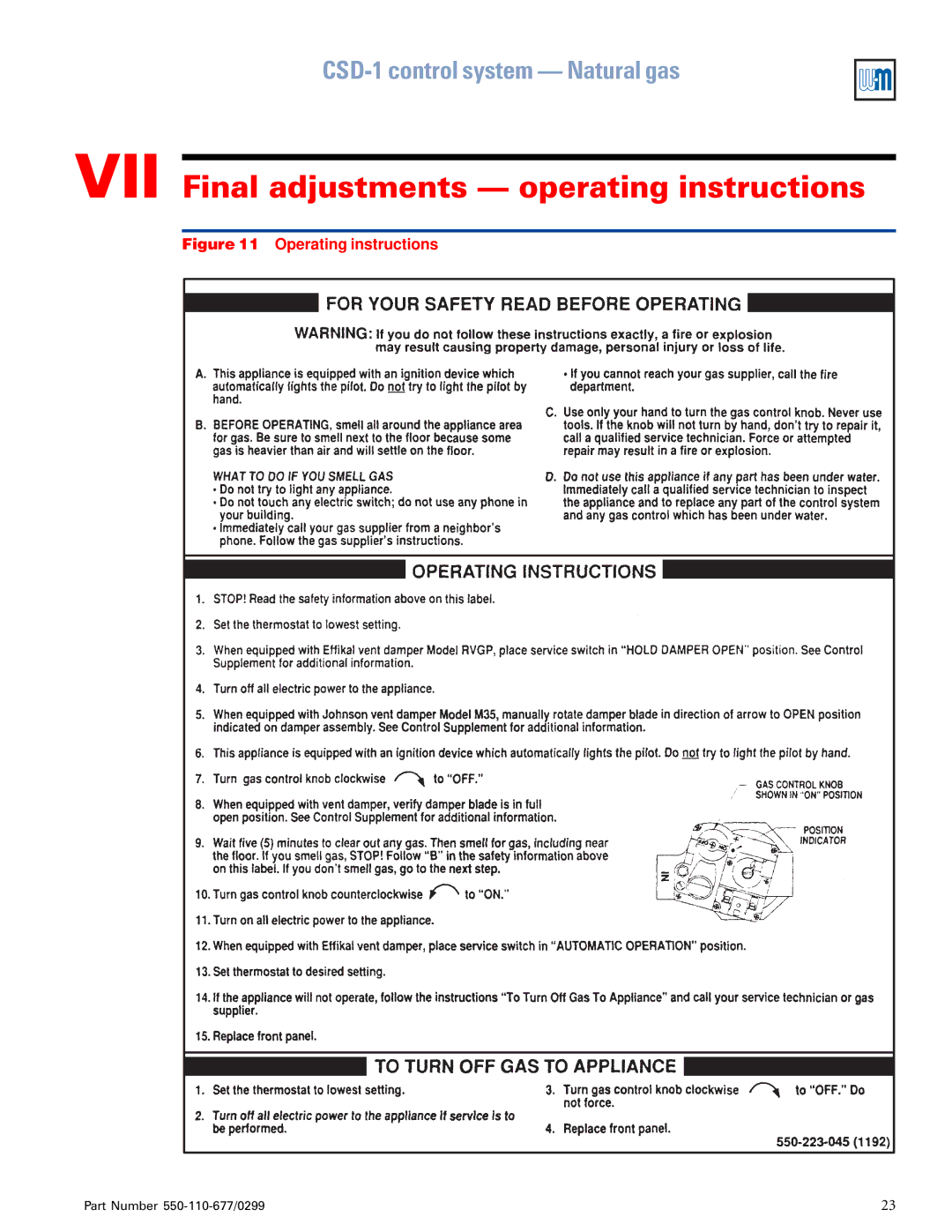 Weil-McLain EGH-125, EGH-105 manual VII Final adjustments operating instructions, Operating instructions 