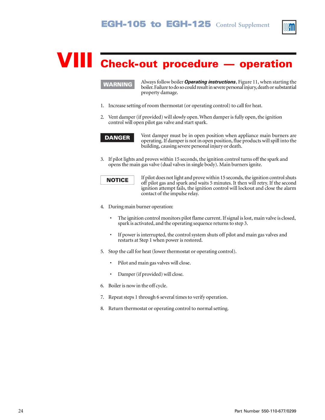 Weil-McLain EGH-105, EGH-125 manual Viii Check-out procedure operation 