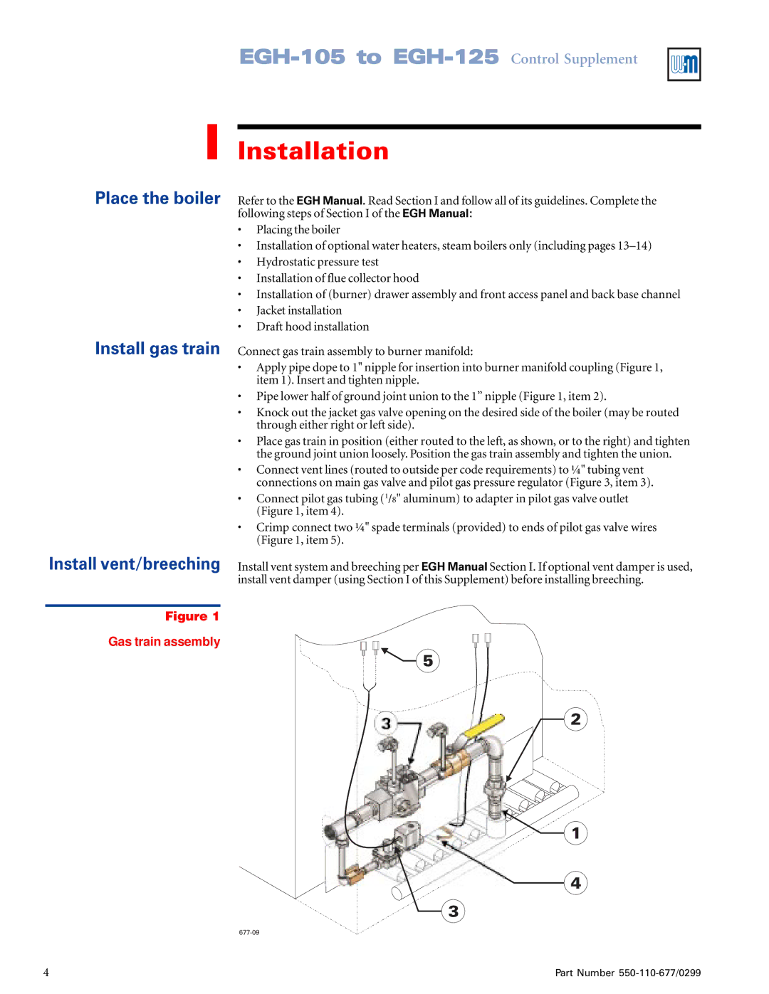 Weil-McLain EGH-105, EGH-125 manual Installation, Gas train assembly 